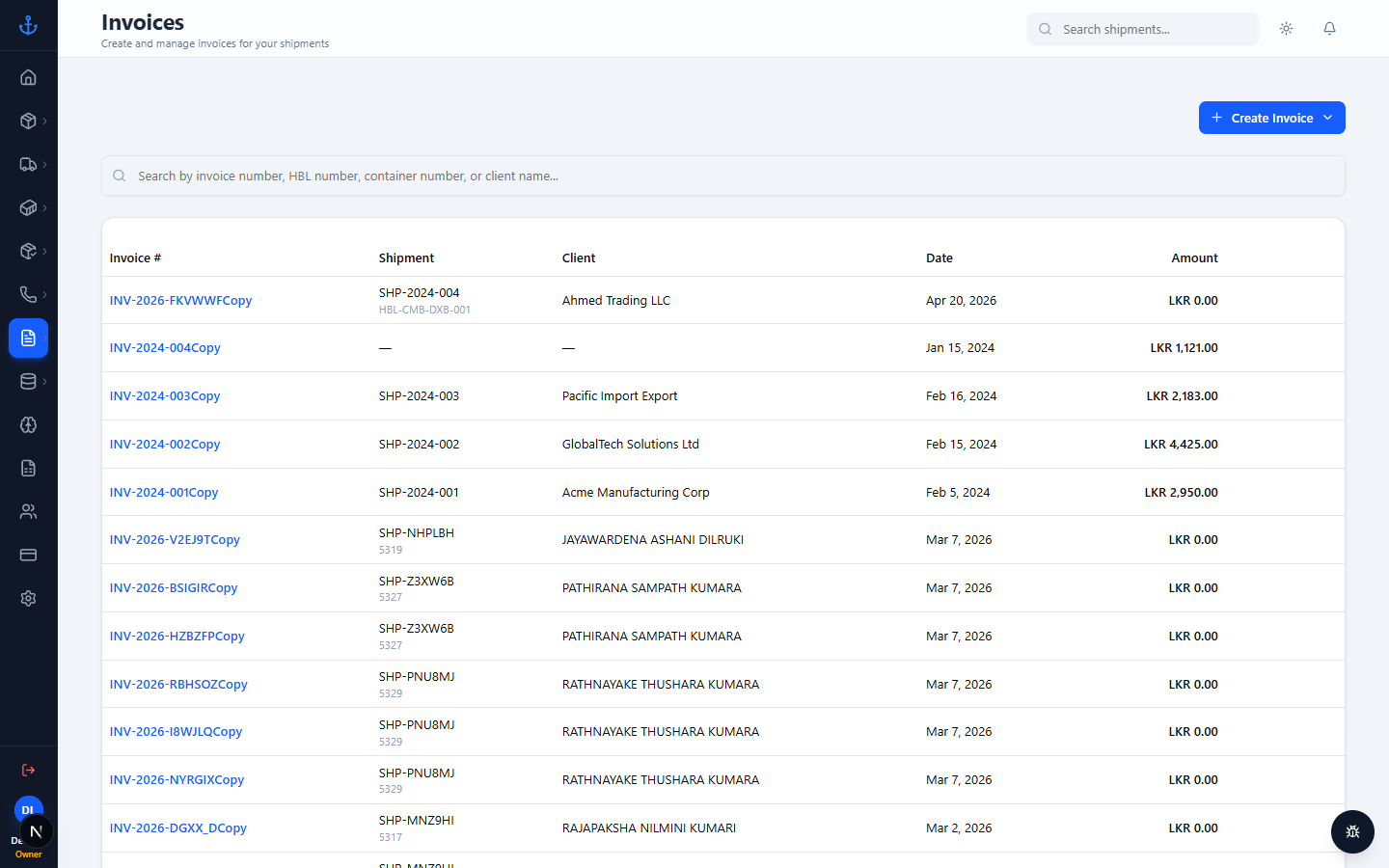 Invoices list