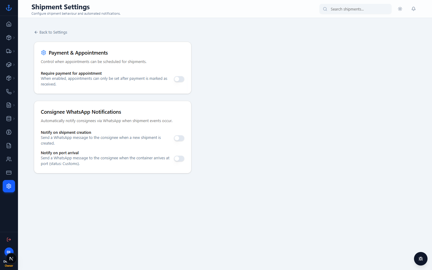 Settings — shipment