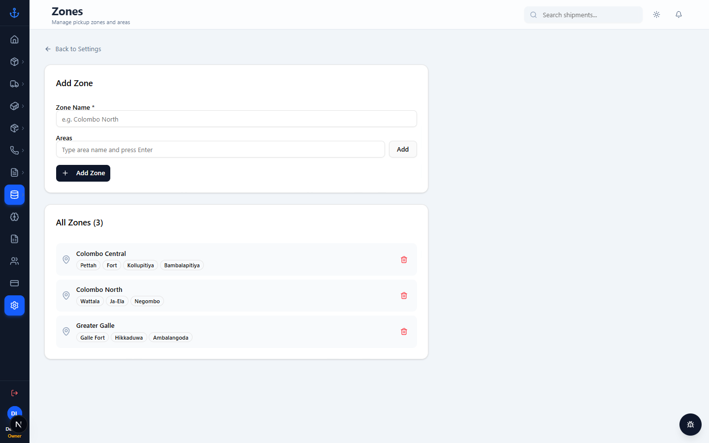 Settings — zones