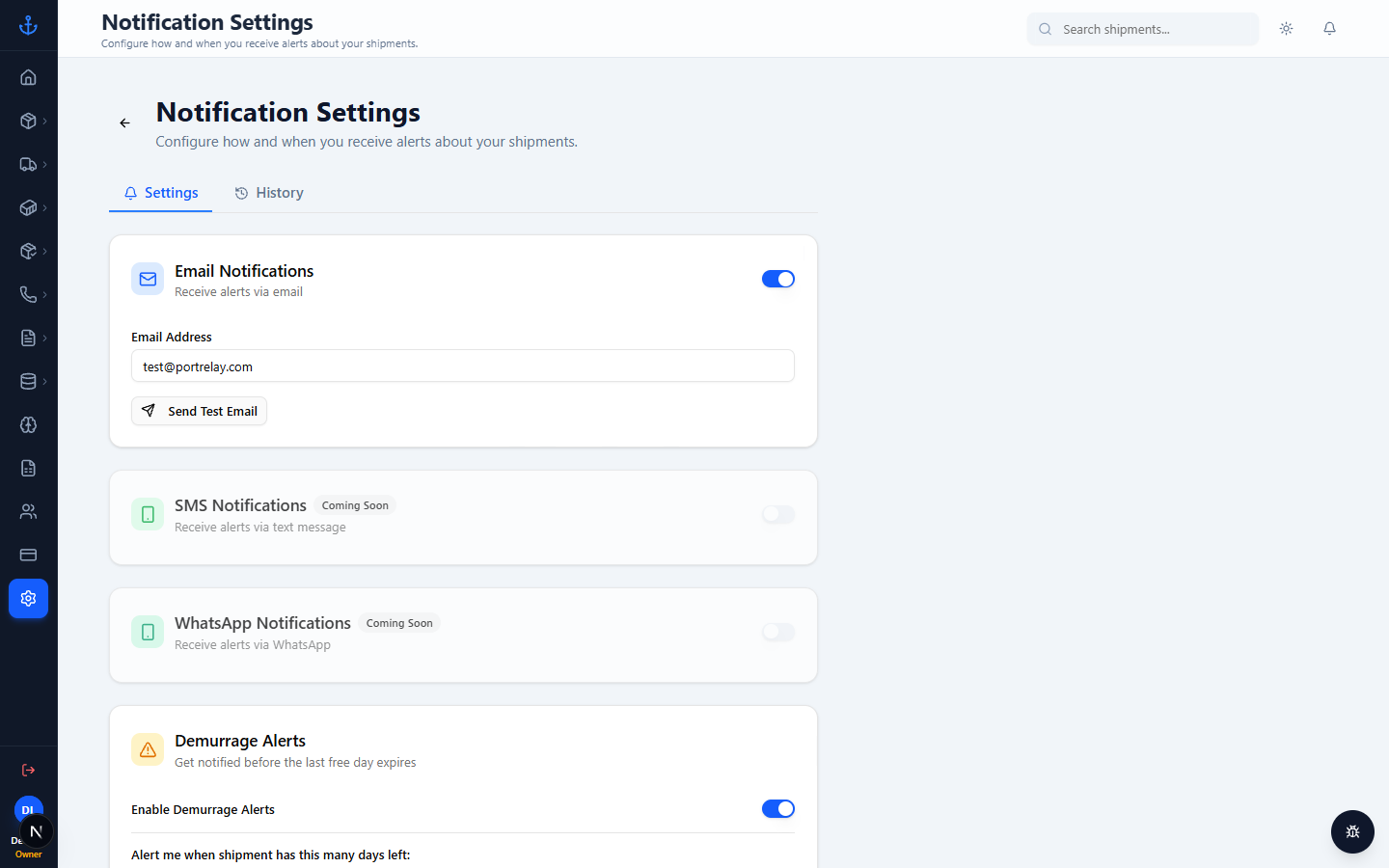 Settings — notifications